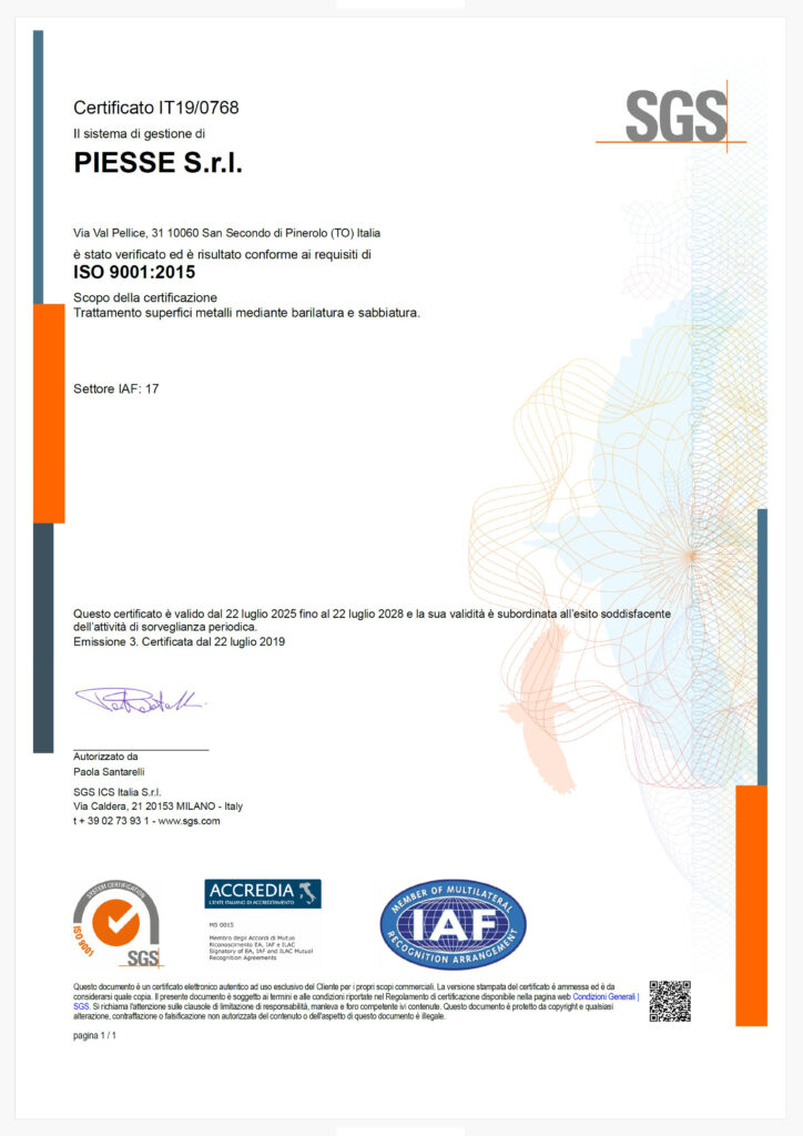 PIESSE SRL Certificazione ISO 9001 2015 - ACCREDIA - (fino a Luglio 2028)